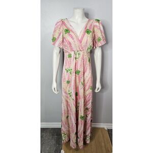 Vintage 70s Floral Nightgown: Pink & Green Flutter Sleeve Maxi Dress